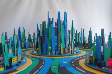 Poster - A model city built with blue and green paperboard.