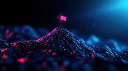 Aufkleber - Futuristic digital landscape with glowing flag and neon lights on a mountain peak.