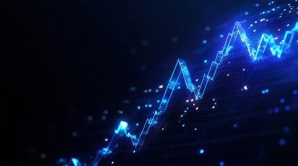 Poster - Futuristic glowing blue graph with rising trend on dark background representing data analysis.