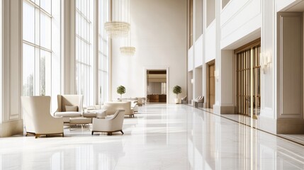 Wall Mural - An elegant and refined hotel lobby design boasting a pure white canvas backdrop, Minimalist lobby furniture arranged for comfort and style, Luxury minimalist style