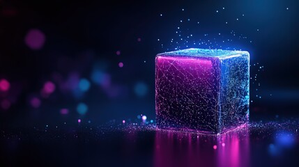 Aufkleber - Futuristic glowing cube with neon lights and sparkling particles in a dark environment.