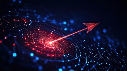 Poster - Futuristic red arrow in blue digital network background signifies direction and progress.