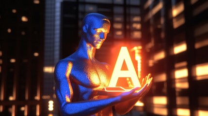 Leinwandbilder - Abstract giving hand with AI word. Artificial intelligence and machine learning concept. Low poly style