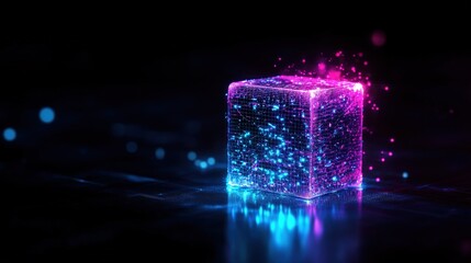 Aufkleber - Glowing digital cube with neon lights and particles on dark background.