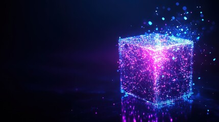 Poster - Glowing digital cube with particles and light effects on a dark background, futuristic tech concept.