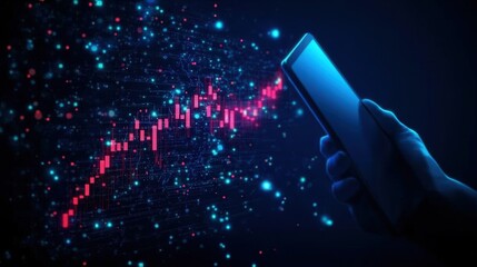 Poster - Hand holding smartphone with digital stock market graph on dark background.