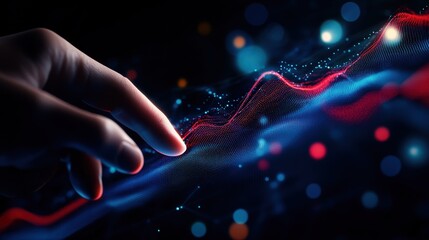 Poster - Hand interacts with digital data visualization of glowing points and waves on a dark background.
