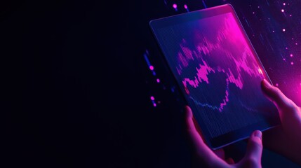 Poster - Hands holding tablet displaying neon digital data visualization graph, dark background.