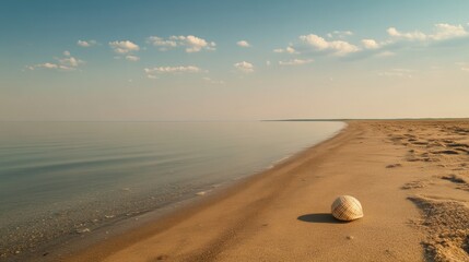 Poster - A peaceful sandy beach at sunset showcases a single seashell quietly lying on the shore, surrounded by the serene shoreline and gentle waves. Generative AI