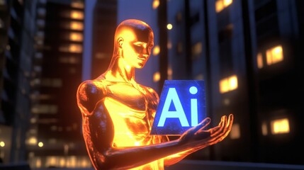 Leinwandbilder - Abstract giving hand with AI word. Artificial intelligence and machine learning concept. Low poly style