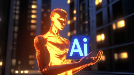 Leinwandbilder - A man in light form holds the word AI in his hand