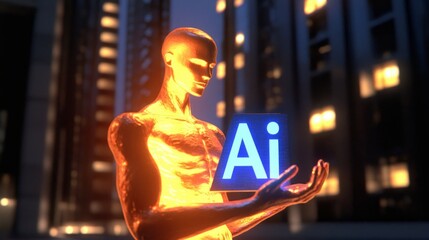 Leinwandbilder - Abstract giving hand with AI word. Artificial intelligence and machine learning concept. Low poly style