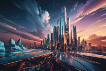 Poster - Futuristic city skyline with glowing lights and a colorful sky