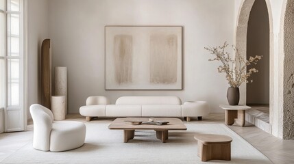 Aufkleber - An elegant and serene living room design featuring a white canvas backdrop, Expertly arranged minimalist furniture, Minimalist art nouveau style