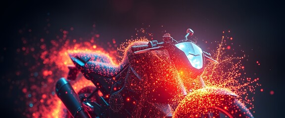 Poster - A visually captivating image of a vigorous motorcycle dissolving into particles with glowing effects, ideal for showcasing advanced technology or artistic concepts.