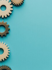 Fototapete - Several gears and a microprocessor are displayed against a blue surface, illustrating components of machinery and technology. Generative AI