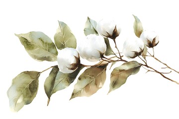 Canvas Print - Watercolor Painting of Cotton Branch with Green Leaves.