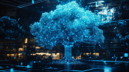 Poster - A futuristic, blue, geometric tree represents the idea of  powerful networks and massive amounts of data.