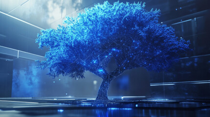 Poster - A futuristic, blue, geometric tree represents the idea of  powerful networks and massive amounts of data.
