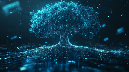 Poster - A futuristic, blue, geometric tree represents the idea of  powerful networks and massive amounts of data.