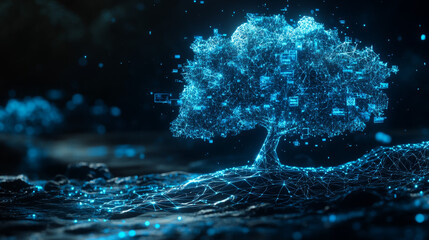 Poster - A futuristic blue tree made of geometric shapes, representing the complex world of data and how everything is connected.