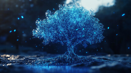Poster - A futuristic blue tree made of geometric shapes, representing the complex world of data and how everything is connected.