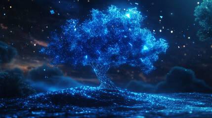 Poster - A futuristic blue tree made of geometric shapes, representing the complex world of data and how everything is connected.