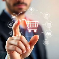 Aufkleber - Three-Man Finger Touching a Glowing Hologram Displaying Shopping Cart and E-Commerce Icons for Interactive Retail Experiences