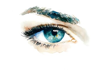 Sticker - Watercolor painting of a blue eye with long eyelashes.