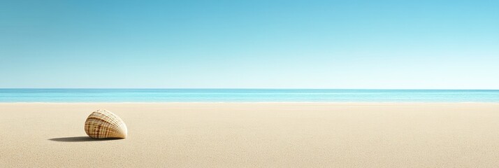 Fototapete - A single seashell lies on pristine sand, reflecting the soft light of early morning as gentle waves lap at the shoreline in the distance. Generative AI
