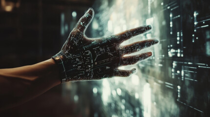 Poster - A hand reaches out towards futuristic technology, representing the power of digital transformation and deep learning.