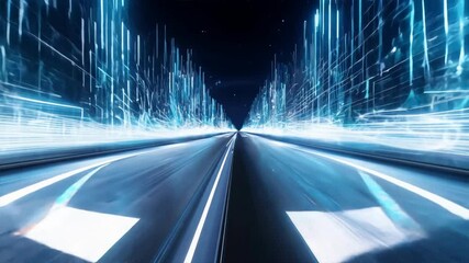 Poster - futuristic digital highway in motion, featuring glowing blue lines and abstract data streams that em