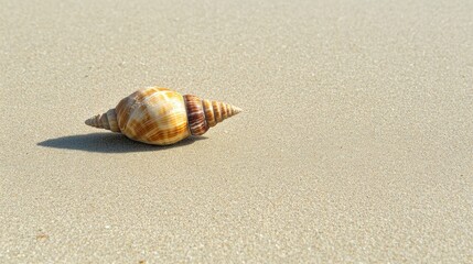 Poster - The soft sandy beach showcases a single seashell, glistening in the sunlight, as gentle waves lap nearby on a serene afternoon. Generative AI