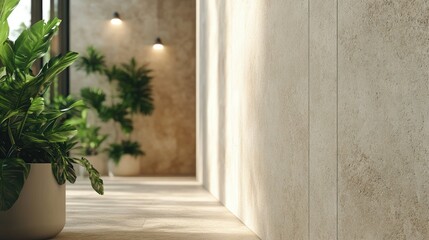 Wall Mural - Serene Interior View Featuring Lush Green Plants, Natural Light, and Minimalist Decor in a Contemporary Space with Textured Wall and Smooth Flooring