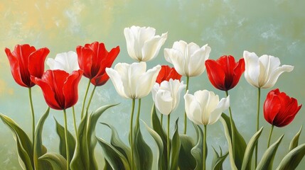 Sticker - Vibrant Red and White Tulips Against a Soft Green Background for Beautiful Spring Floral Arrangement or Seasonal Decor Inspiration