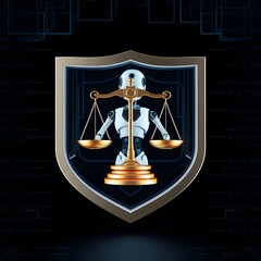 Fototapete - 3D Rendering of an AI Legal Bot Featuring Scales of Justice Encased in a Shield Symbol Against a Dark Digital Background for Law and Technology Applications