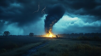 Poster - A tornado is in the middle of a field with a few people standing nearby