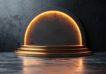 Poster - Golden Podium with Neon Light in a Dark Room