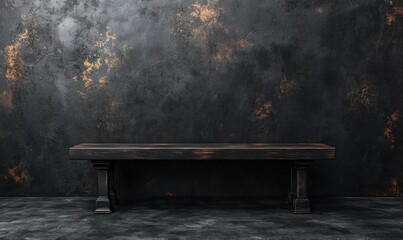 Poster - Dark Rustic Wooden Table Against a Textured Black Wall