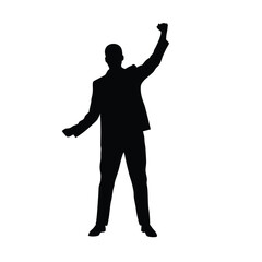 Wall Mural - A man is standing in front of a white background. He is wearing a suit and is holding his fist up in the air