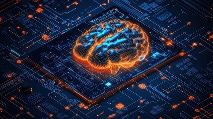 Poster - A glowing digital brain within a technological circuit board.