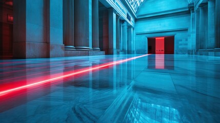 Poster - Red laser beams intersect the polished floor of a contemporary architectural venue, enhancing its sleek design at night. Generative AI