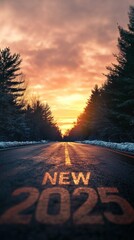 Poster - A road with a sunset in the background and the words 