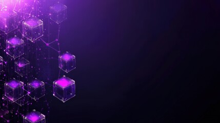 Poster - Abstract digital blockchain cubes with neon purple glow on dark background