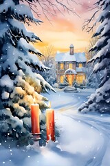 Poster - Watercolor christmas card showcasing a wintry evening AI generated illustration