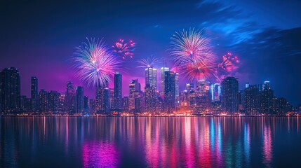 Poster - City Skyline with Fireworks Reflected in Water