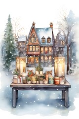 Poster - Wooden table with candles winter night time AI generated illustration