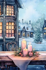 Poster - Wooden table with candles winter night time AI generated illustration