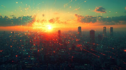 Poster - Sunset over a Cityscape with Digital Overlays
