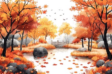 Canvas Print - Serene Autumnal Pond Scene Watercolor Painting of a Tranquil Garden with Bridge.